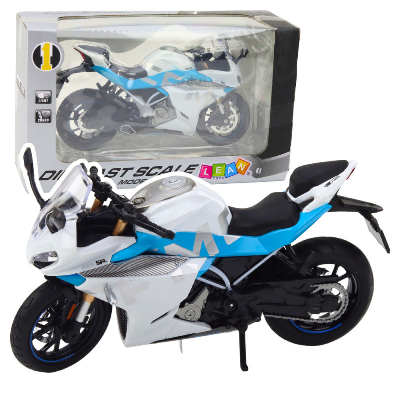 Motocykl sportowy metalowy z dźwiękiem i światłami biało-niebieski 1:12, EAN: 5905991049623