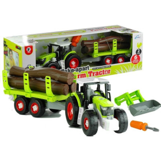 Rozkręcany traktor z przyczepą z drewnem 43 cm
