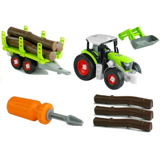 Rozkręcany traktor z przyczepą z drewnem 43 cm