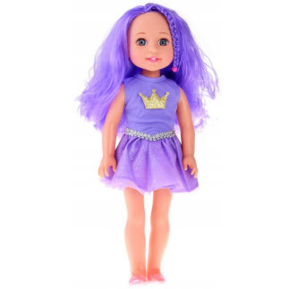 Lalka w sukience z koroną długie włosy fioletowa szczotka 38cm