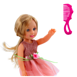 Lalka w sukience z kokardką długie włosy różowa grzebień  38cm