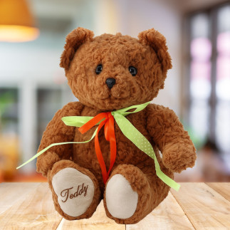 Pluszowa maskotka miś z zielono-czerwoną kokardą, brązowy, 30cm - EAN: 5905991047261