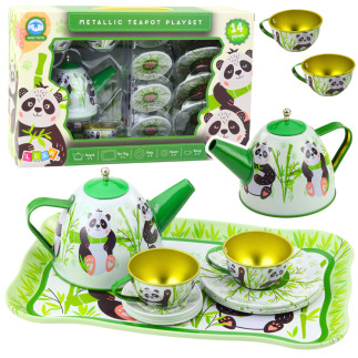 Zestaw do herbaty metalowy dzbanek filiżanka talerzyki panda zielony 14el