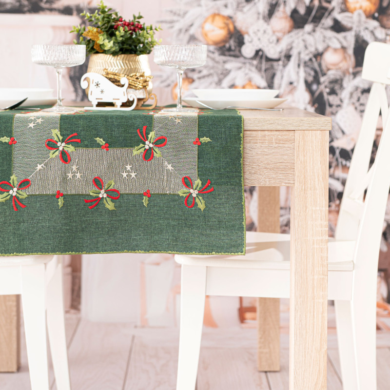 Świąteczne kokardki - bieżnik z haftem 40x140 cm, zielony 002, EAN: 5906450022188