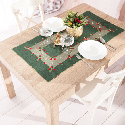 Świąteczne kokardki - bieżnik z haftem 40x140 cm, zielony 002, EAN: 5906450022188