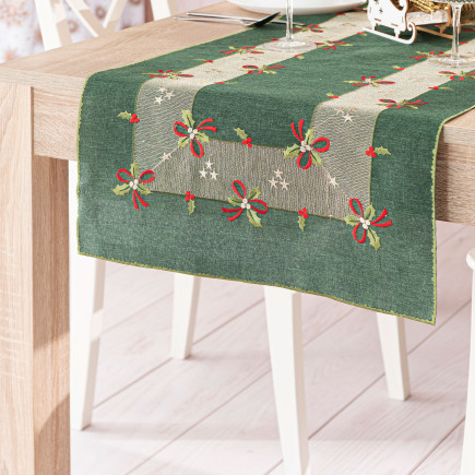 Świąteczne kokardki bieżnik z haftem, szerokość 50cm x wysokość 100cm, kolor 002 zielony