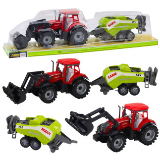 Zestaw traktor z ładowaczem i prasą rolniczą czerwony