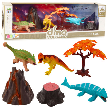 Zestaw realistycznych figurek dinozaury wulkan drzewo 6el