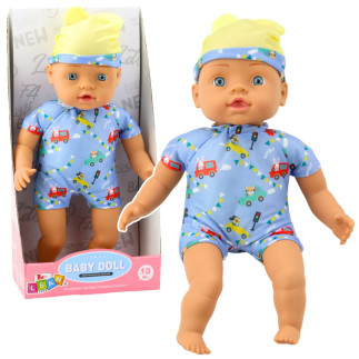 Lalka bobas niebieskie ubranko z wzorami czapeczka z uszami 31cm