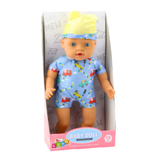 Lalka bobas niebieskie ubranko z wzorami czapeczka z uszami 31cm