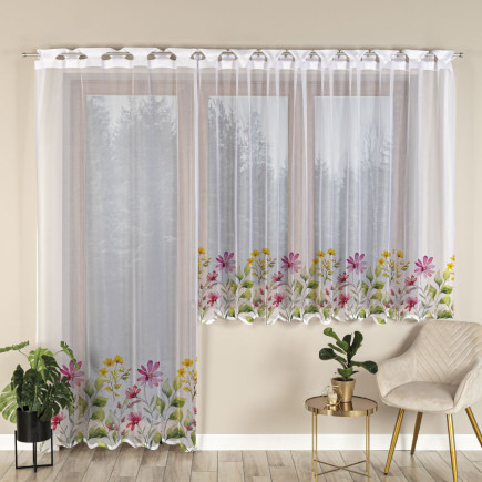 Kwiatowa łąka firanka żakardowa odpasowana na prosto, szerokość 145 x wysokość 220cm, kolor 001 biały