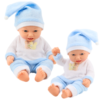 Lalka bobas w niebieskiej piżamce czapeczka z pomponem