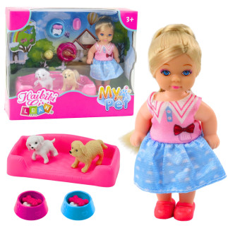 Zestaw mini laleczka z dwoma pieskami legowisko miski z karmą