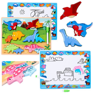 Układanka tablica 2w1 drewniana edukacyjna pisak dinozaury 12el