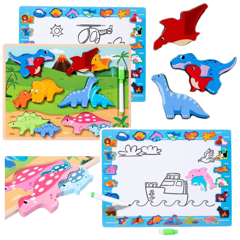 Układanka tablica 2w1 drewniana edukacyjna z dinozaurami 12el EAN: 5905991039693