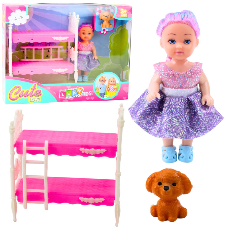 Mini laleczka w sukience z łóżeczkiem dwupiętrowym i pieskiem - EAN: 5905991056447