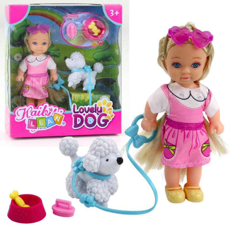 Mini laleczka z pieskiem na smyczy i miska z kością - EAN: 5905991056508