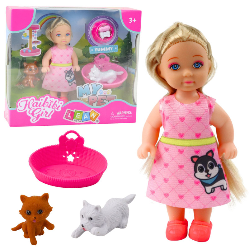 Mini laleczka z pieskiem i kotkiem, legowisko, miska z jedzeniem - EAN: 5905991056546