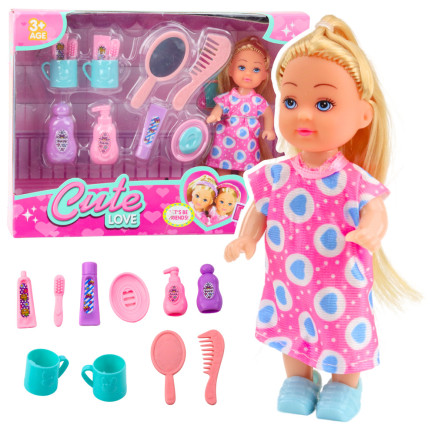 Zestaw mini laleczka akcesoria do pielęgnacji różowa sukienka