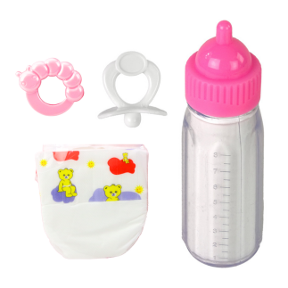 Zestaw akcesoriów dla lalek: smoczek, butelka, pielucha, grzechotka - EAN: 5905991055679
