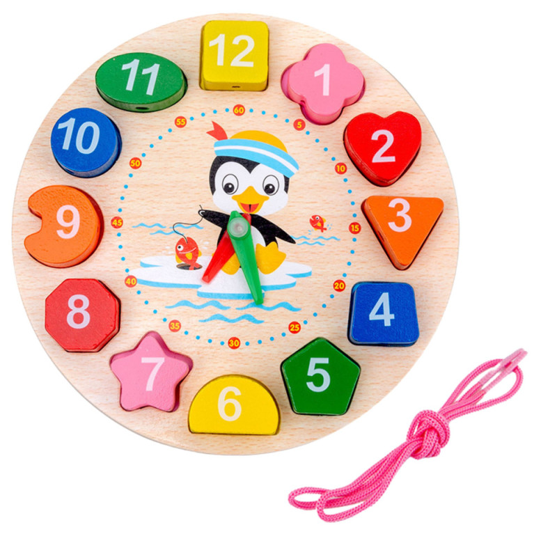 Drewniany zegar edukacyjny Montessori - nauka godzin, klocki do nawlekania, EAN: 5905991061144