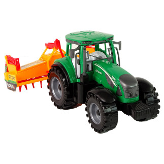 Zielony traktor z pomarańczowym kultywatorem napęd dla dzieci