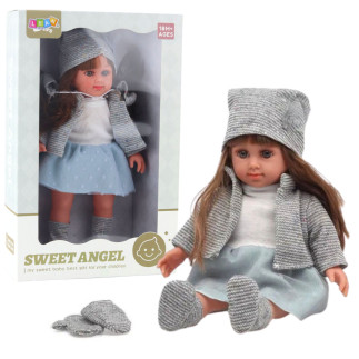 Lalka w niebieskiej sukience czapeczka sweterek rękawiczki czapka 36,5cm