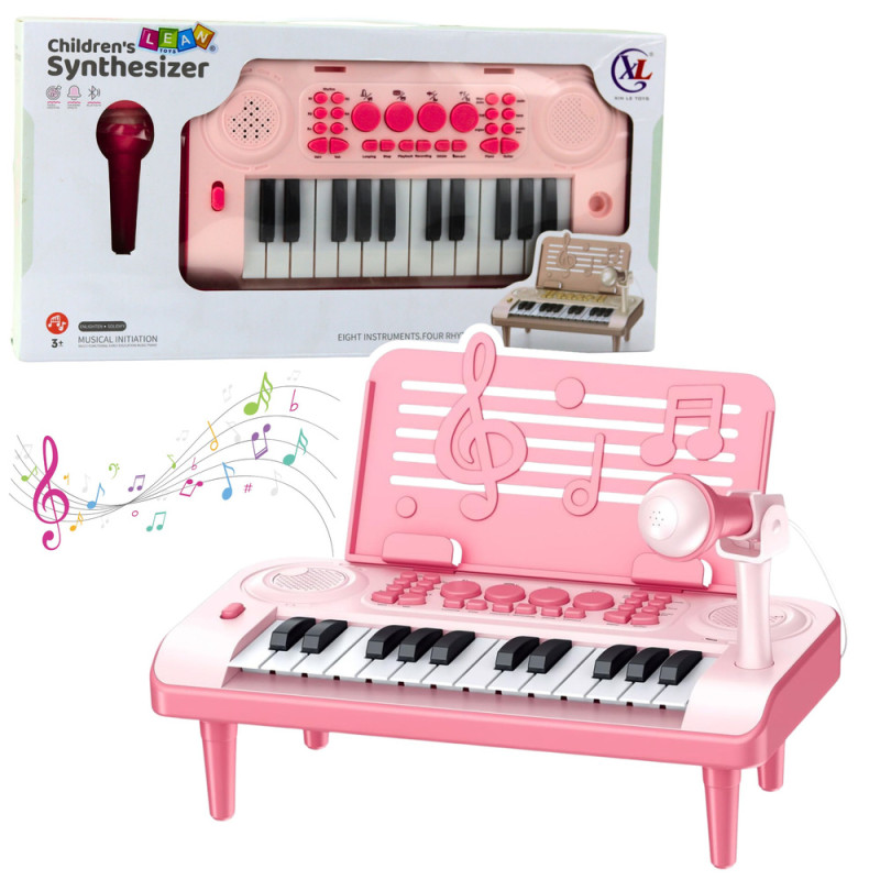 Elektroniczne pianinko edukacyjne z podstawką na nuty i mikrofon 24k różowe - EAN: 5905991071105