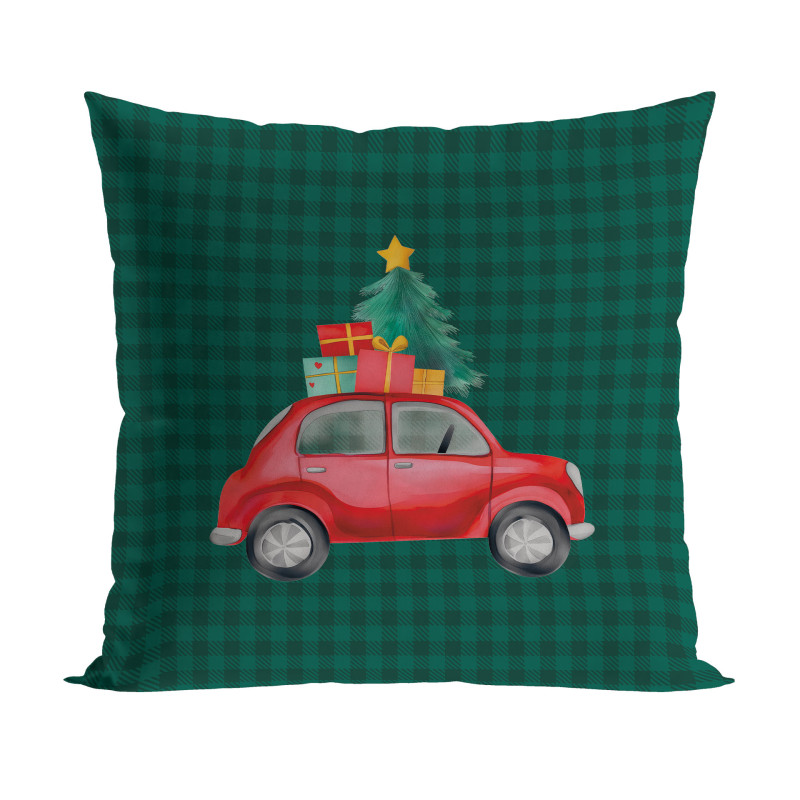 Poszewka dekoracyjna "Krata z samochodem - Bajkowe Święta" Velvet 40x40cm Zielona EAN: 5906450023499