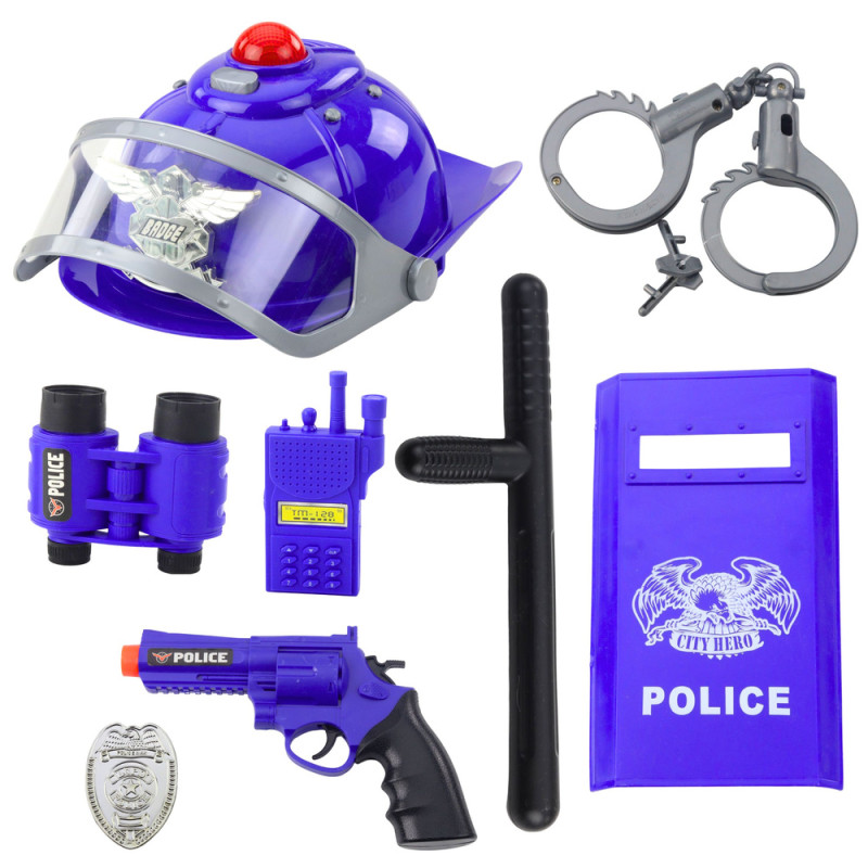 Zestaw policyjny dla dzieci - kask, pistolet, kajdanki i akcesoria 9 el. EAN: 5905991060222 Zestaw policyjny dla dzieci - kask, pistolet, kajdanki i akcesoria 9 el. EAN: 5905991060222