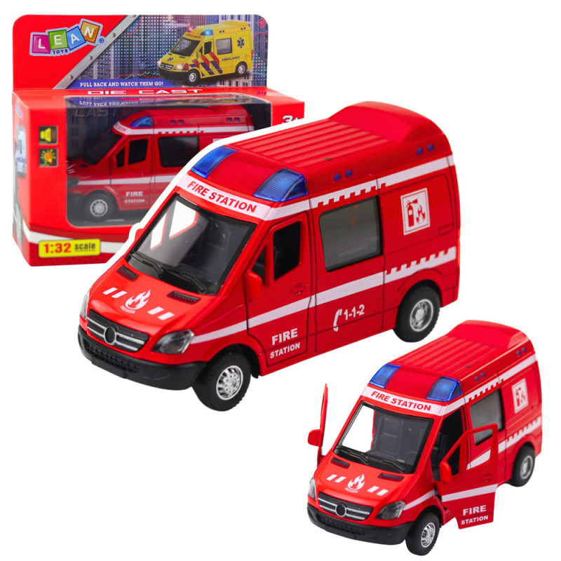 Metalowy samochód strażacki z napędem pull back, światłami i dźwiękami - czerwony EAN: 5905991069614
