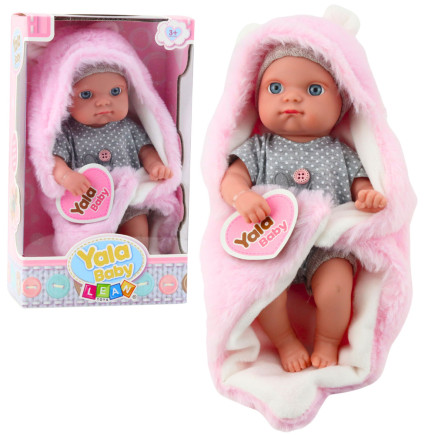 Lalka bobas w szarej piżamce z kocykiem króliczkiem różowy 23cm