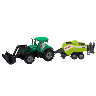 Zestaw traktor z ładowaczem i prasą rolniczą zielony