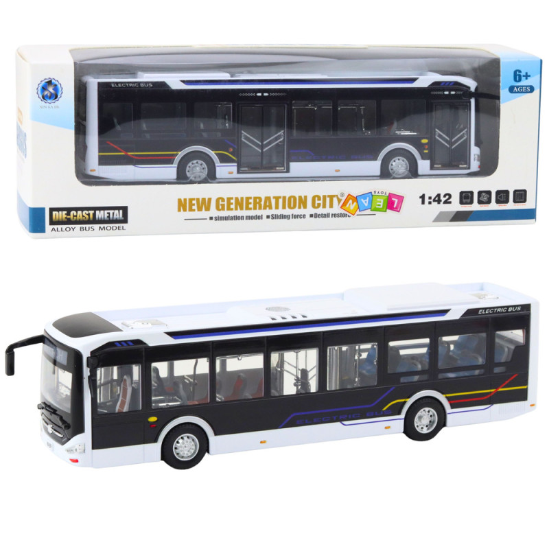 Autobus metalowy miejski światła dźwięk 1:42 biały