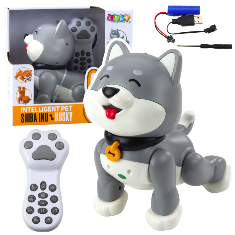 Interaktywny robot pies husky zdalnie sterowany rc głosem sztuczki szary