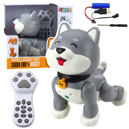 Interaktywny robot pies husky zdalnie sterowany rc głosem sztuczki szary