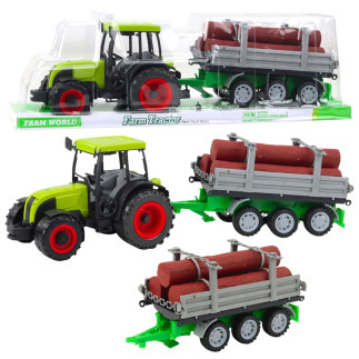 Traktor rolniczy farmerski z przyczepą do drewna kłody zielony