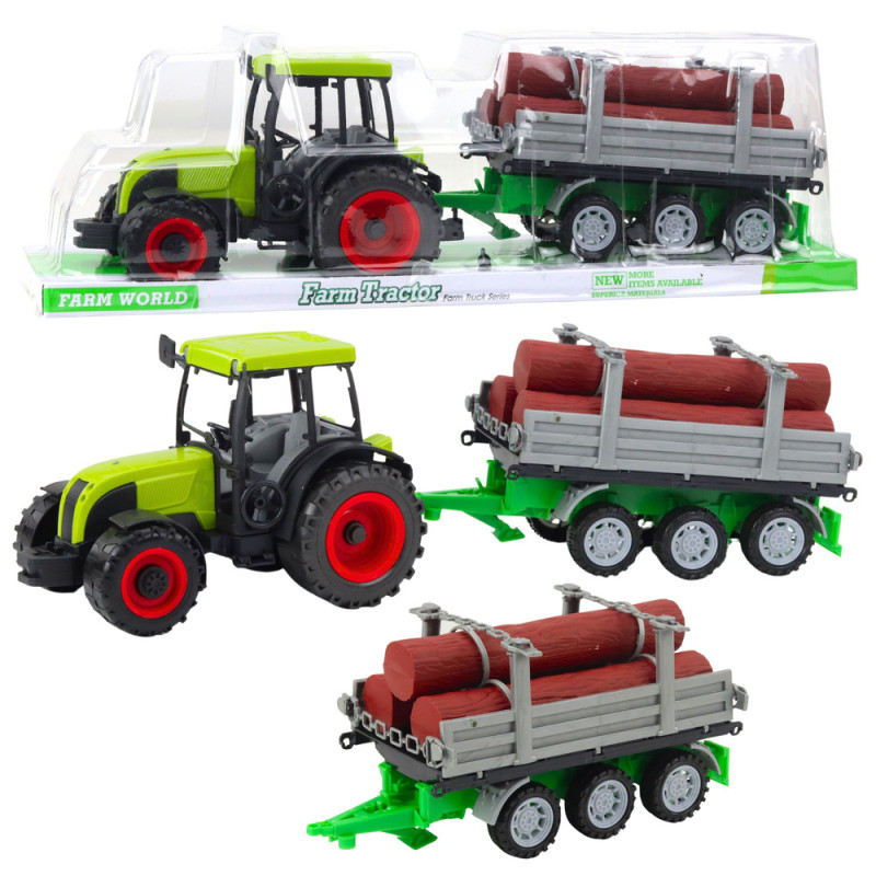 Traktor rolniczy farmerski z przyczepą do drewna kłody zielony Traktor rolniczy farmerski z przyczepą do drewna kłody zielony