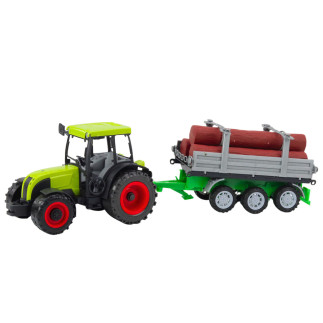 Traktor rolniczy farmerski z przyczepą do drewna kłody zielony