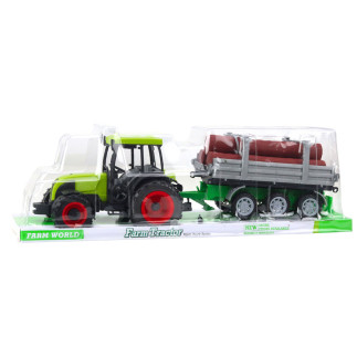Traktor rolniczy farmerski z przyczepą do drewna kłody zielony