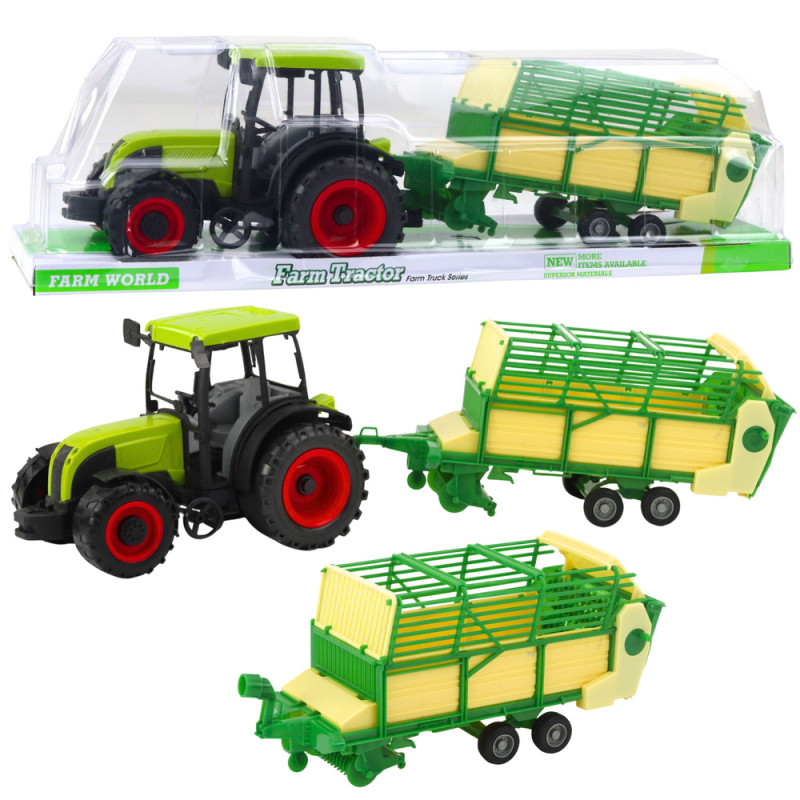 Traktor rolniczy farmerski z zielono-żółtą przyczepą zielony