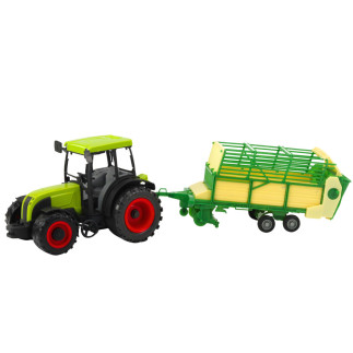 Traktor rolniczy farmerski z zielono-żółtą przyczepą zielony