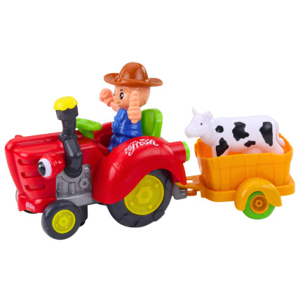 Traktor farmera interaktywny z przyczepką figurka krowy światła dźwięki