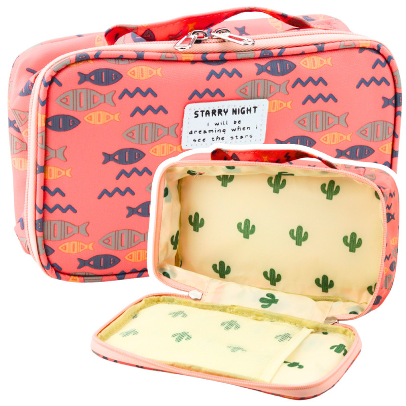 Piórnik szkolny organizer pojemny dodatkowa kieszonka ryby różowy 21,5cm