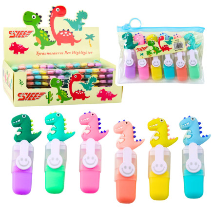 Zestaw mini zakreślacze z dinozaurem w etui kolorowe 6szt 8cm