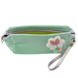 Piórnik kosmetyczka kokardka połyskujące drobinki turkusowy miętowy