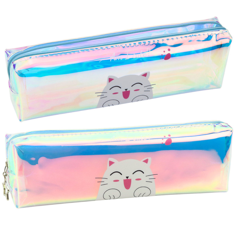 Piórnik szkolny dziecięcy holograficzny z kotem niebieski 21x6cm