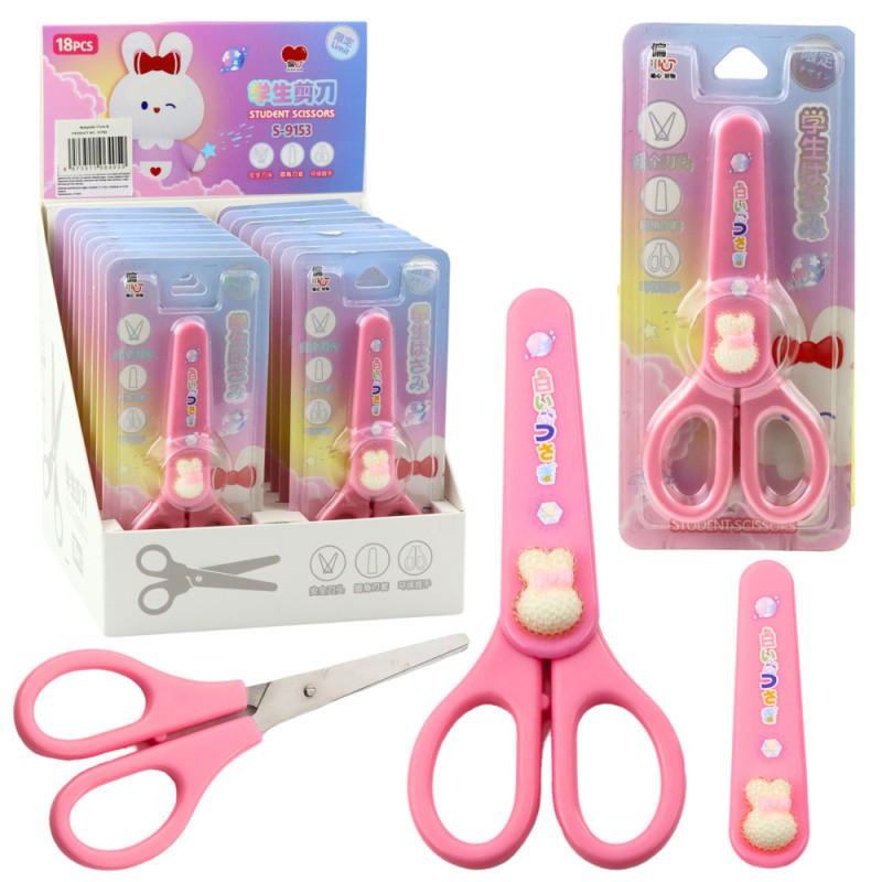 Nożyczki szkolne z osłonką ozdobny biały zajączek 14cm Nożyczki szkolne z osłonką ozdobny biały zajączek 14cm