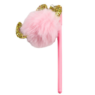 Długopis żelowy zatyczka z różowym pomponem niebieski tusz 17cm 0.5mm