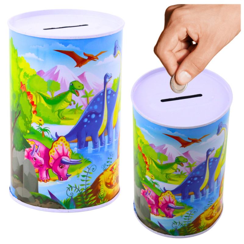 Skarbonka z dinozaurami metalowa kolorowa 13 x 8cm